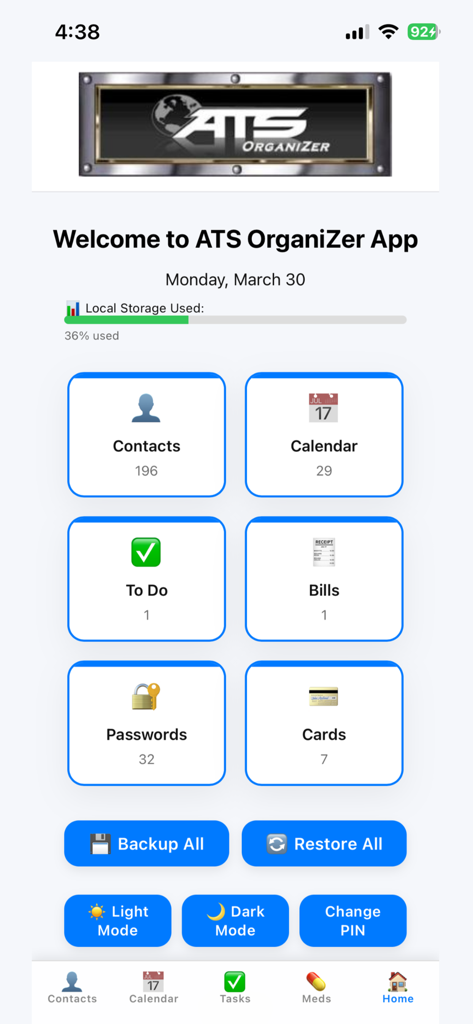 ats-organizer-app - The home screen of the ATS OrganiZer app showing the main dashboard with icons for contacts calendar and tasks.
