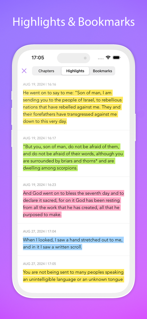 Jehovah’s Witnesses NWT Bible - Bildschirm der Jehovas Zeugen NWÜ Bibel-App, der verschiedene Schrift-Hervorhebungen in mehreren Farben zeigt.