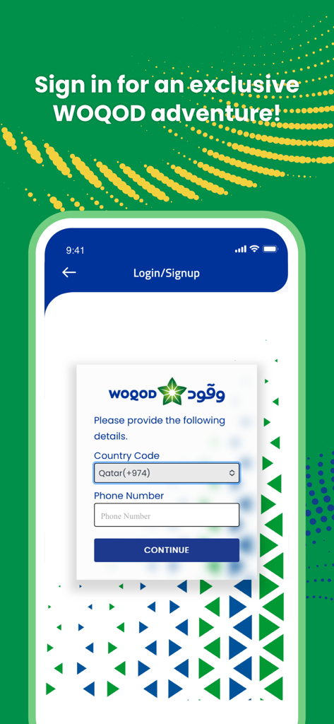 Pantalla de inicio de sesión y registro de la aplicación móvil WOQOD