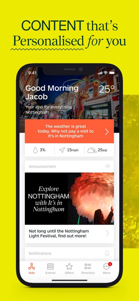 It's in Nottingham - 地元の天気とイベントの更新情報を表示する、Its in Nottinghamアプリのパーソナライズされたホーム画面