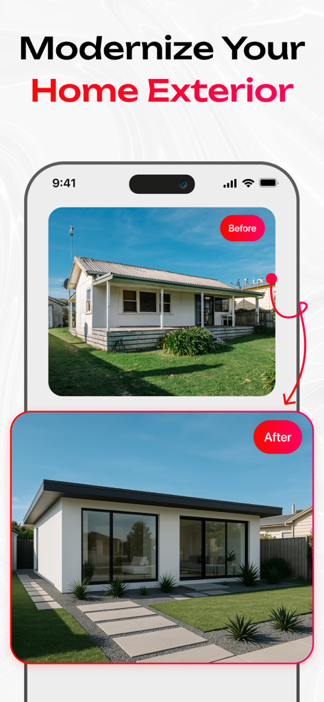 MY Home AI: Interior Design - Transformación de IA de un exterior de casa de antiguo a moderno