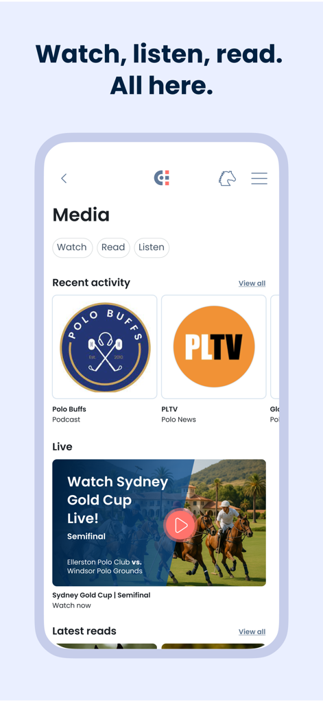ChukkerApp - ChukkerApp media interface displaying polo podcasts, news articles, and live streaming of matches like the Sydney Gold Cup