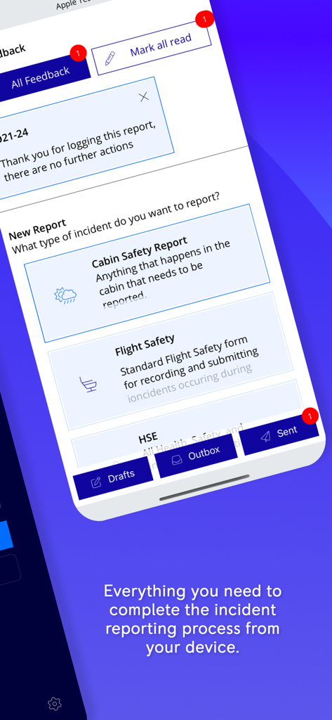 SMS Mobile app interface showing incident reporting options for cabin safety and flight safety