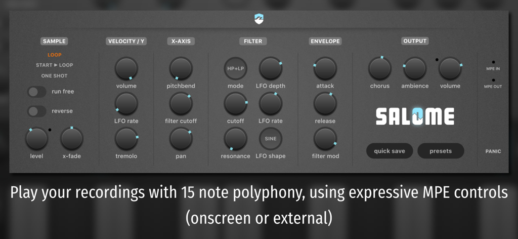 Salome - MPE Audio Sampler - User interface of the Salome MPE Audio Sampler showing synthesis controls for filter envelope and output