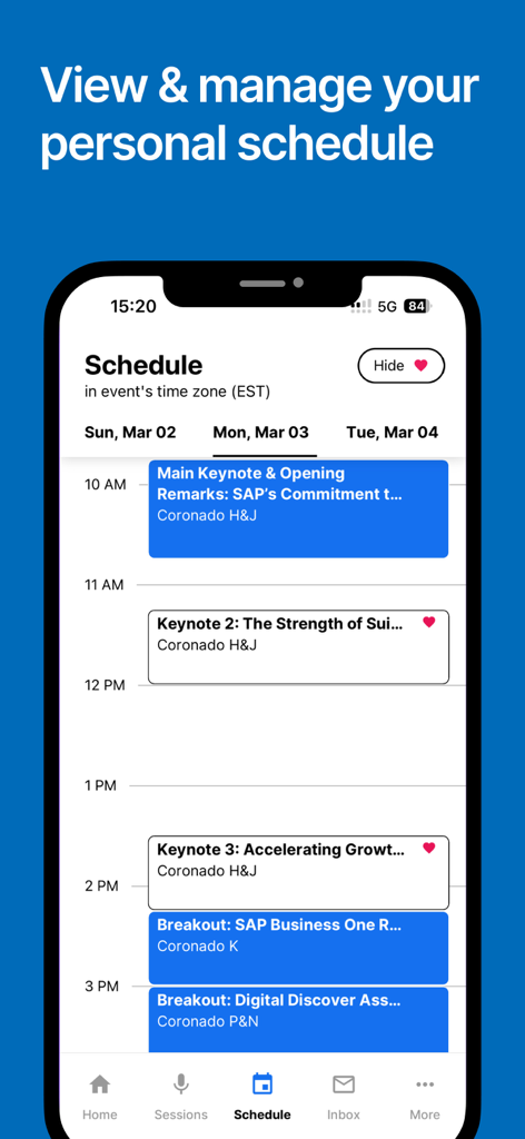 SAP Partner Summit Midmarket - A mobile app screen showing the personalized daily event schedule for the SAP Partner Summit Midmarket