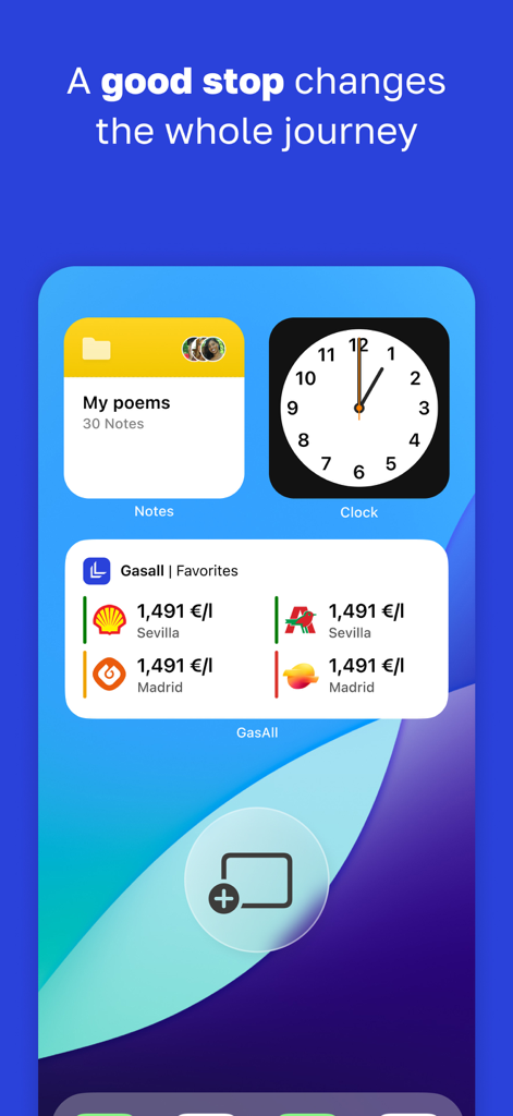 Widget de iPhone de GasAll mostrando precios de combustible para gasolineras favoritas en España