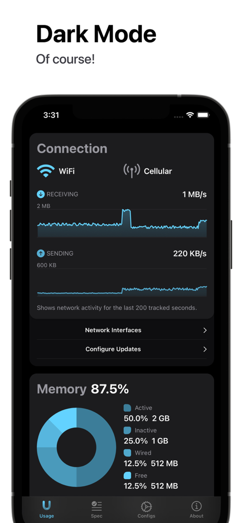 Usage Device Monitor - Usage Device Monitor app interface in dark mode showing real-time network connection and memory allocation statistics