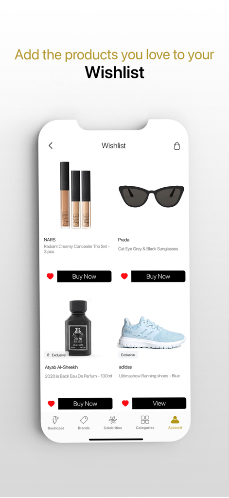 A screenshot of the Boutiqaat app wishlist showing curated luxury items including NARS concealer, Prada sunglasses, and designer fragrance.