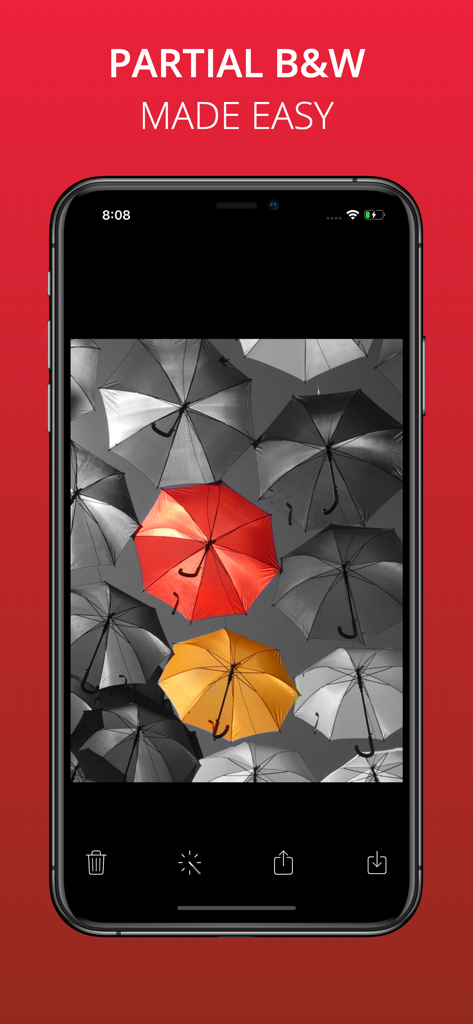 Captura de pantalla de iPhone que muestra edición parcial de fotos en blanco y negro con paraguas de colores
