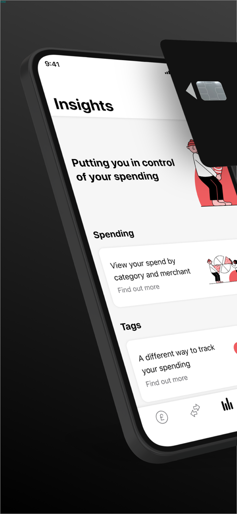 first direct - Pantalla de la app móvil de First Direct con información sobre el seguimiento y la categorización de gastos.