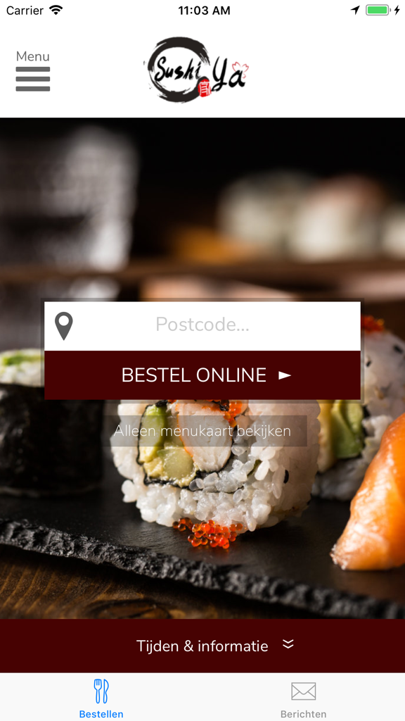 Sushi Ya mobile app home screen with a postcode input field and an order online button