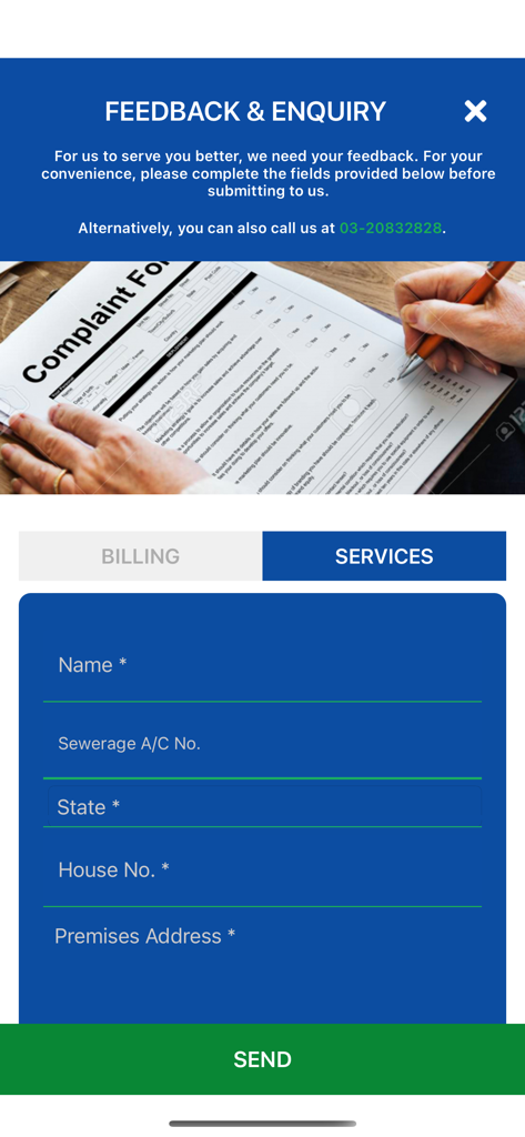 Indah Water - Feedback and enquiry screen in the Indah Water app showing a service request form with name and address fields.