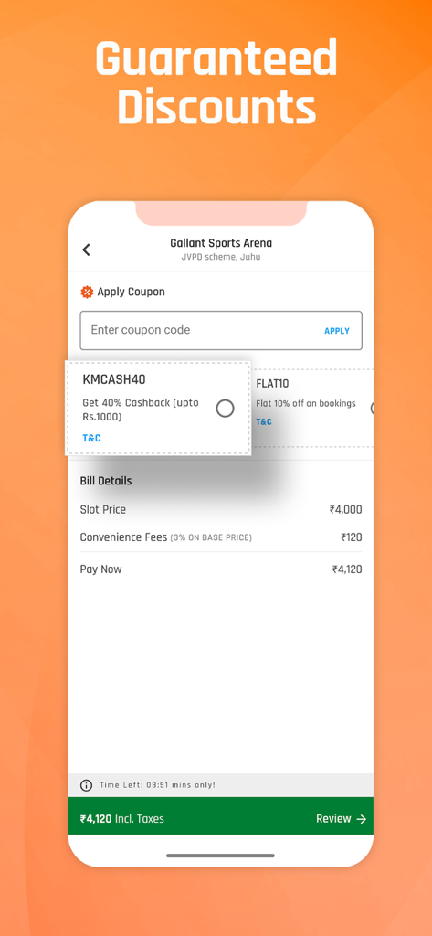 KheloMore app checkout screen showing guaranteed discounts and coupon code options for booking sports venues.