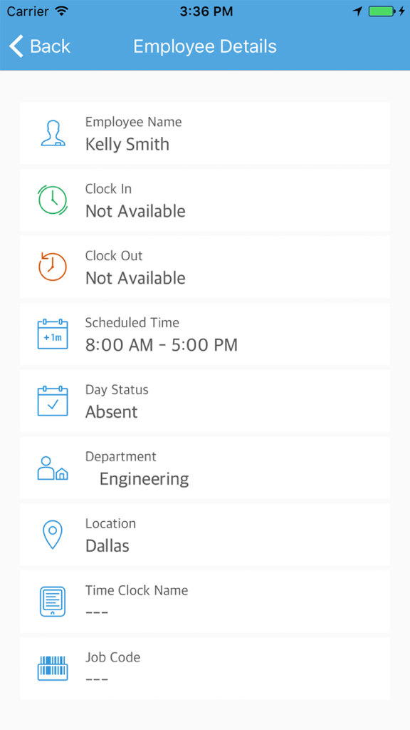 Easy Clocking - Easy Clocking app screen showing employee details like name, scheduled time, and attendance status