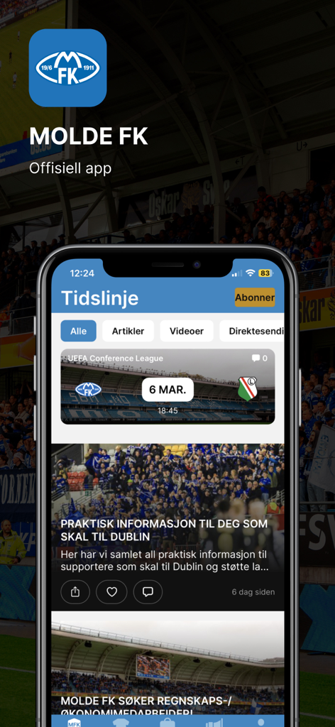 Molde FK - Interface du fil d'actualités et du calendrier des matchs de l'application officielle Molde FK