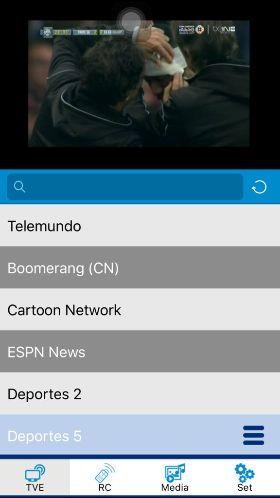 Orbit Cable mobile app interface showing a live sports video and a list of channels including Cartoon Network and ESPN News