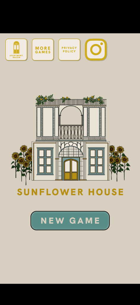 SUNFLOWER HOUSE : ROOM ESCAPE - Title screen of Sunflower House Room Escape game featuring a minimalist house illustration with sunflowers and a new game button