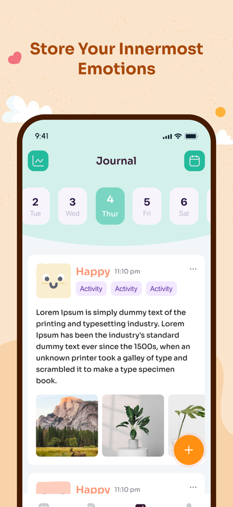 Mental Health - Self Care - Una interfaz de aplicación móvil que muestra una entrada del diario de estado de ánimo con un estado feliz y fotos.