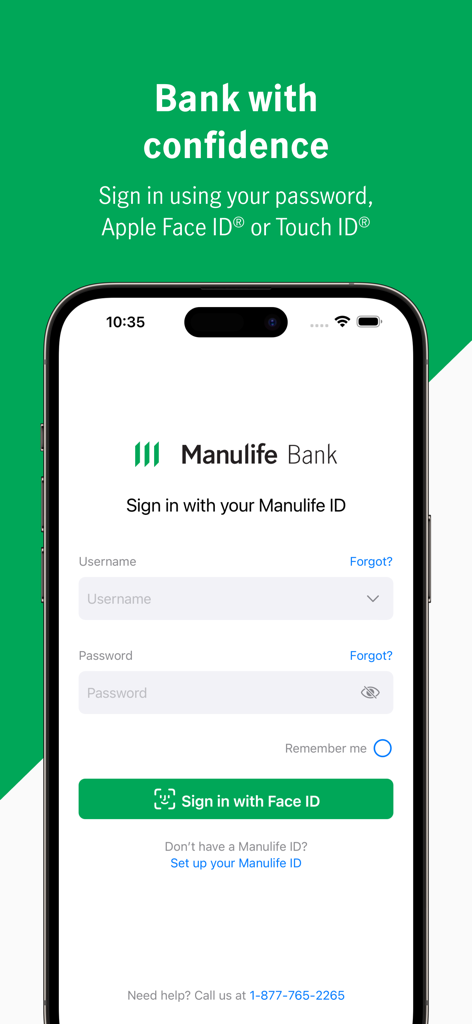 Secure login screen of the Manulife Bank Mobile app featuring username password and Face ID authentication options