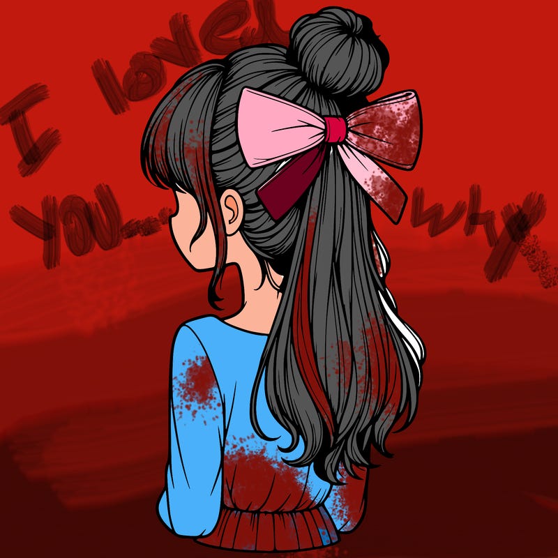 realistic girl  with hip length hair a bun and a big bow on the back of head