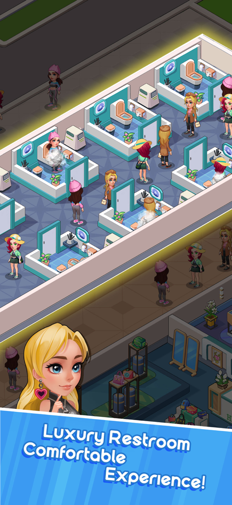 Idle Super Mall - Top down view of a luxury restroom in the Idle Super Mall game featuring clean stalls and waiting customers