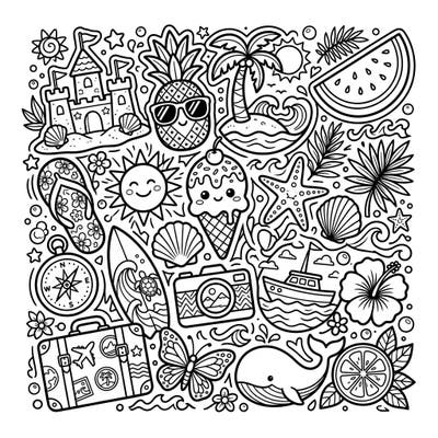 Get ready for a sun-soaked adventure with this charming summer vacation coloring page. It's packed with delightful doodles and iconic elements, perfect for bringing your summer dreams to life with color.