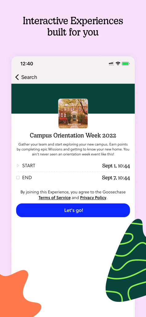 Goosechase app interface for a campus orientation scavenger hunt event