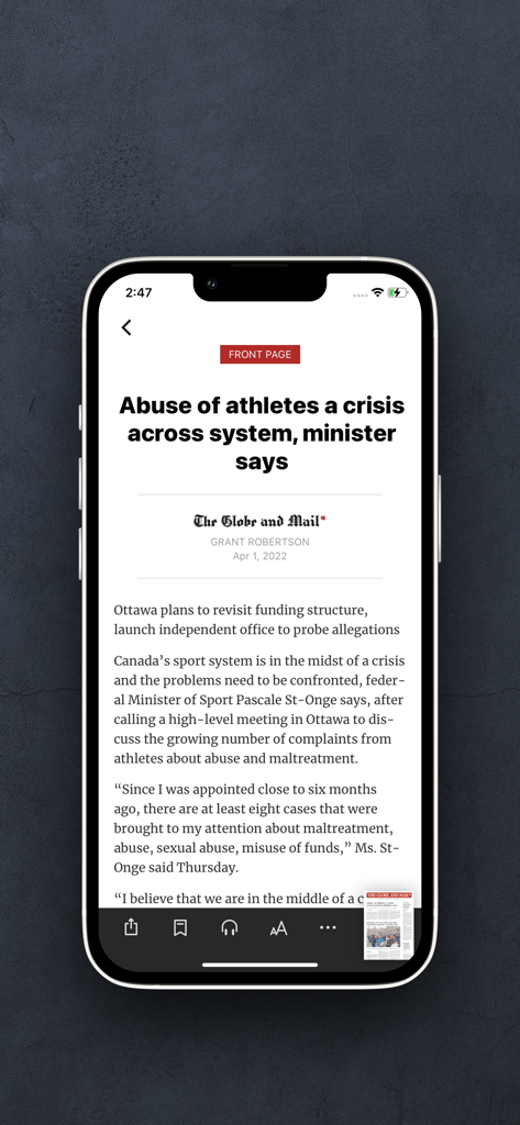 The Globe2Go app showing a news article on a smartphone screen