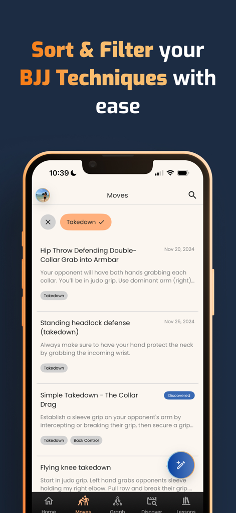 Kimura - BJJ Notes & Sessions - Kimura 앱 화면으로 테이크다운 및 힙 스로우와 같은 BJJ 기술의 필터링된 목록을 보여줍니다.