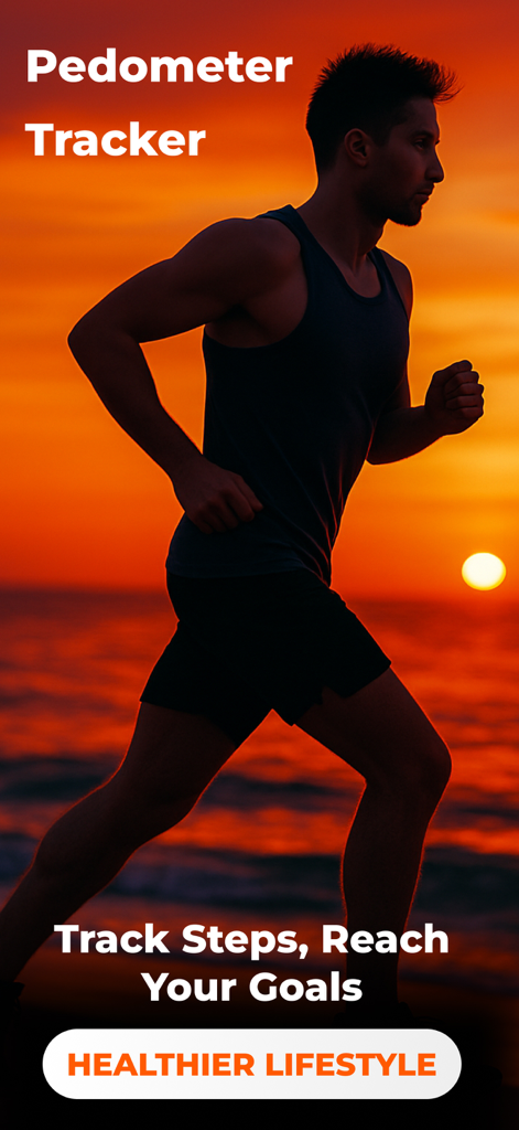 Silhouette eines Mannes, der bei Sonnenuntergang am Strand läuft, mit dem Text Pedometer Tracker Track Steps Reach Your Goals und Healthier Lifestyle