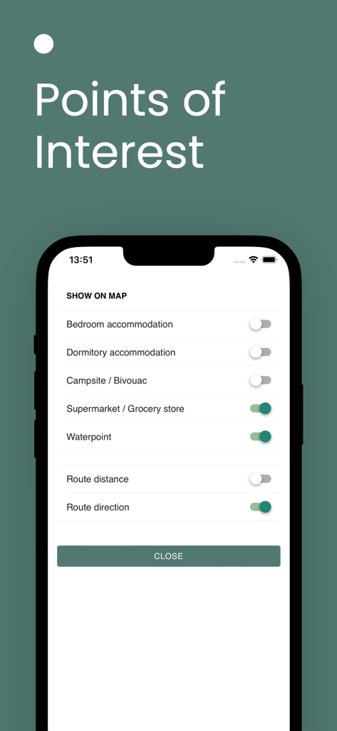 TMBmap - TMBmap app screen displaying points of interest toggle settings for trek planning