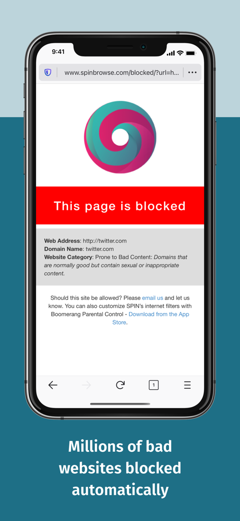 Smartphone screen showing a blocked page notification in SPIN Safe Browser with the message this page is blocked due to bad content.