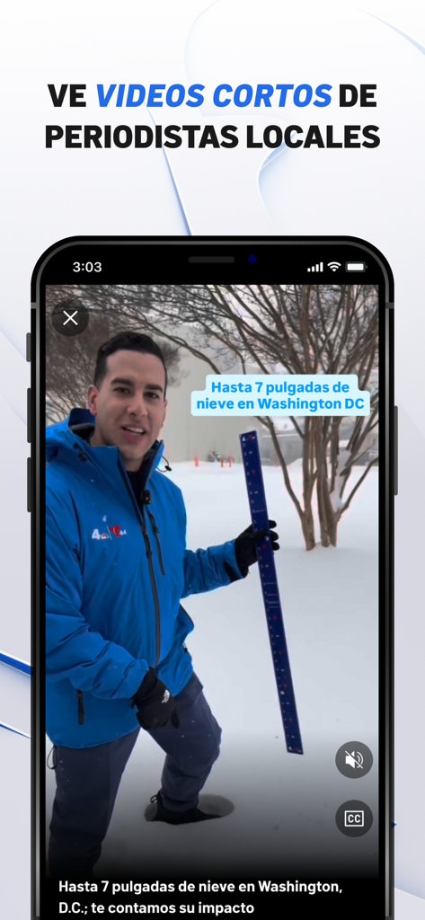 Telemundo 44 Washington - Telemundo 44 Washington app screenshot showing a short video of a local journalist reporting on snow accumulation in DC