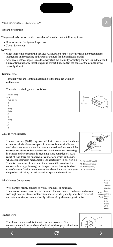 TOYODATA - Technical documentation for automotive wire harness components and terminal types within the TOYODATA app
