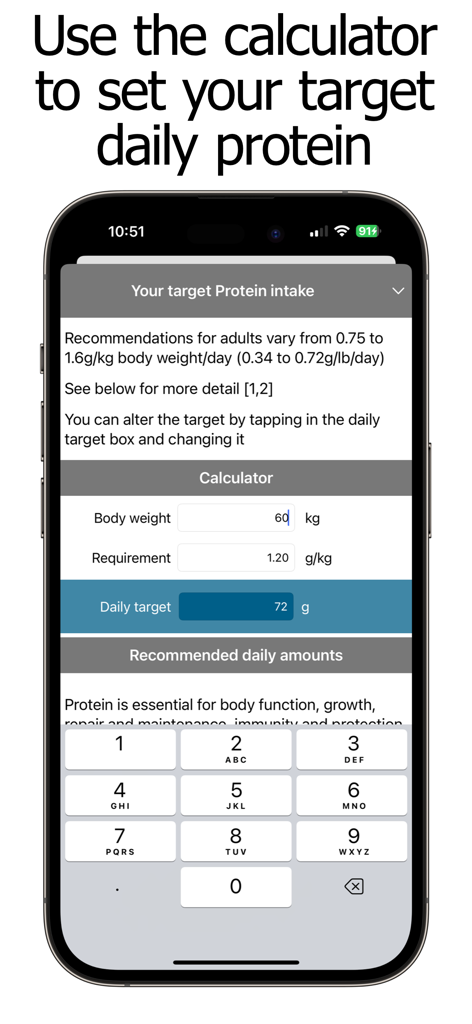 Protein Counter and Tracker - Rechnerbildschirm zur Festlegung des täglichen Proteinbedarfs basierend auf Körpergewicht und Anforderungen