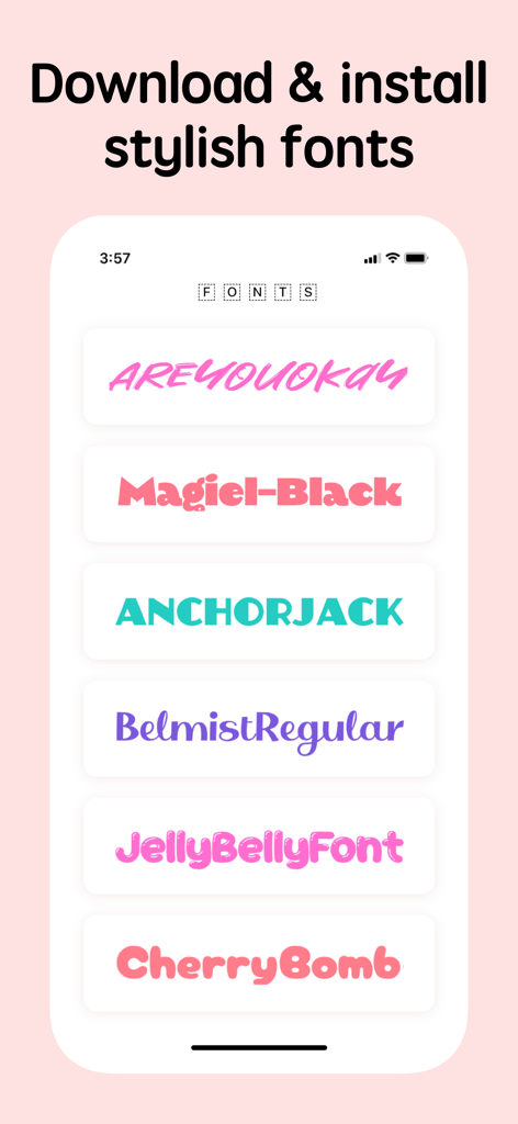 Fonts for iPhones - A mobile app screen showing a selection of decorative and aesthetic fonts for iPhone customization