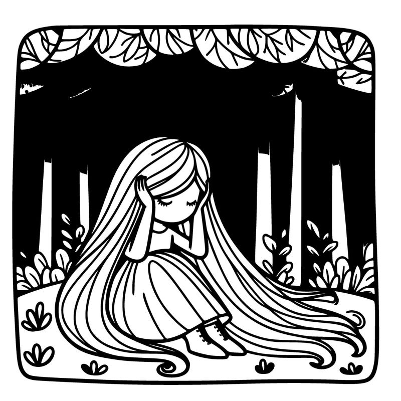 a girl with long flowing hair sitting down with her head in her hands in the middle of a calm forrest