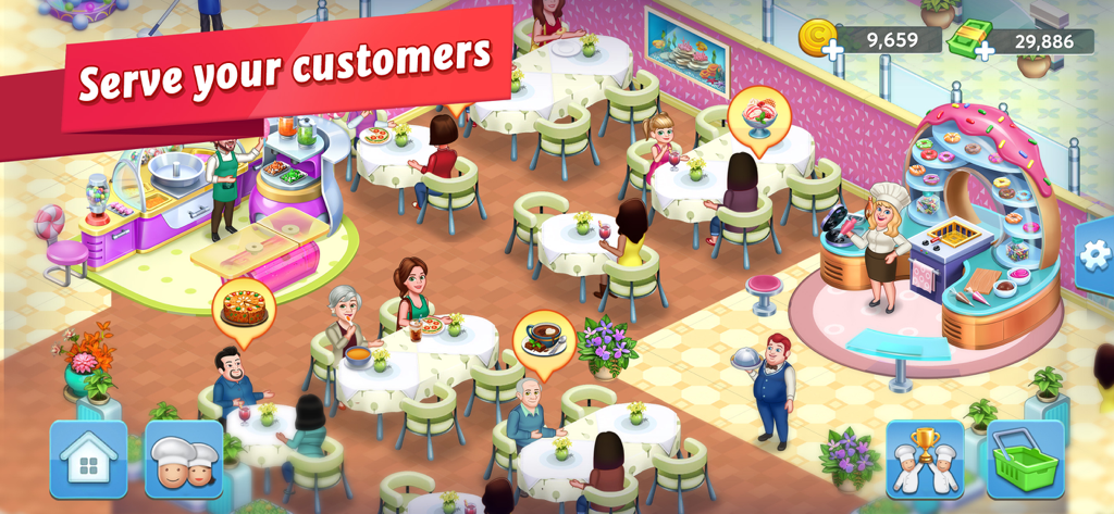 Jugadores sirviendo a clientes en un colorido comedor de restaurante en Star Chef 2.