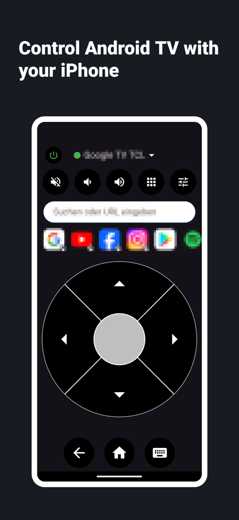 Interface of the ZEUS remote app on an iPhone showing a digital D pad volume controls and app shortcuts for Android TV