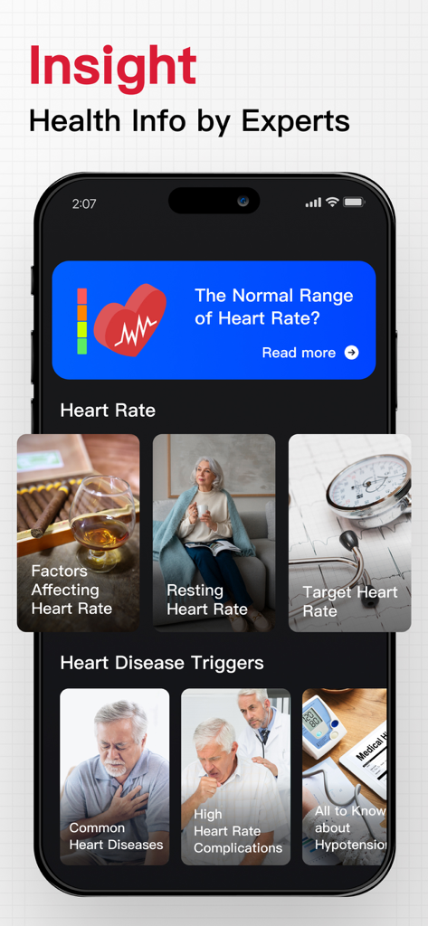 Heart Rate Monitor app screen displaying health insights and expert heart info