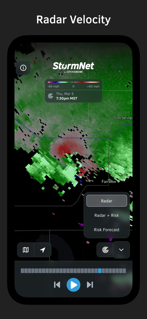 StormNet - StormNet weather app displaying a high resolution NEXRAD radar velocity map for tracking severe storms