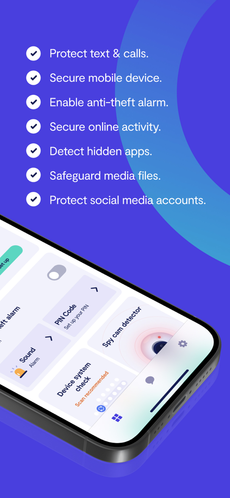 A checklist of mobile security features in the Clario AntiSpy app including spy cam detector and anti-theft alarm.