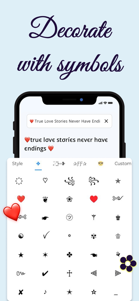 Stylish Text: Font Style App - Interfaz de la app Stylish Text mostrando una biblioteca de símbolos decorativos y estilos de fuente personalizados para bios de redes sociales.