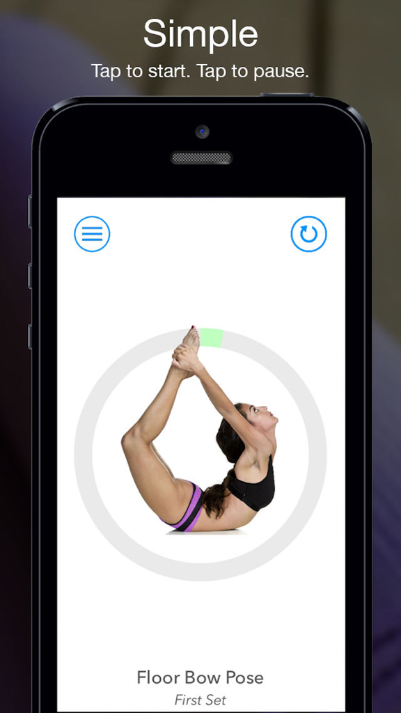 A woman performing the Floor Bow Pose on the Hot Yoga Timer Bikram app interface