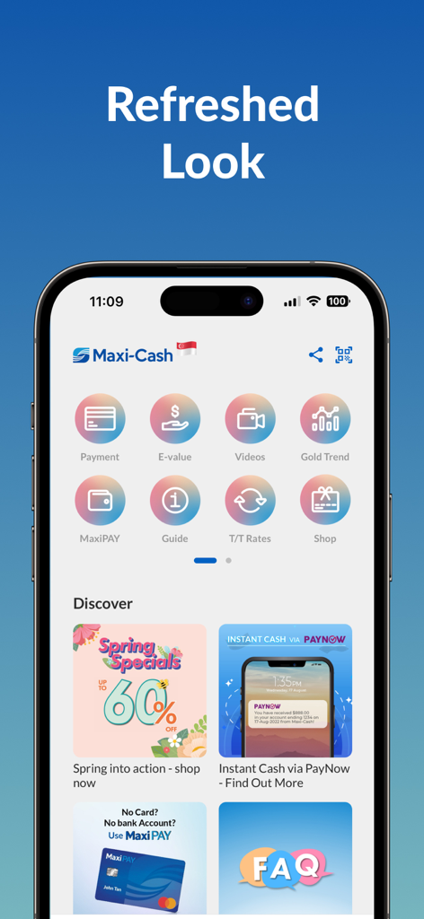 Maxi-Cash - Maxi-Cash mobile app home screen displaying various financial and shopping features