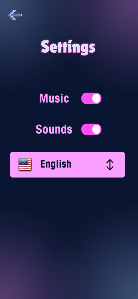 Sex Dice: Explore New Desires - El menú de ajustes de la aplicación Dados Eróticos mostrando interruptores para música y sonidos y un menú de selección de idioma.