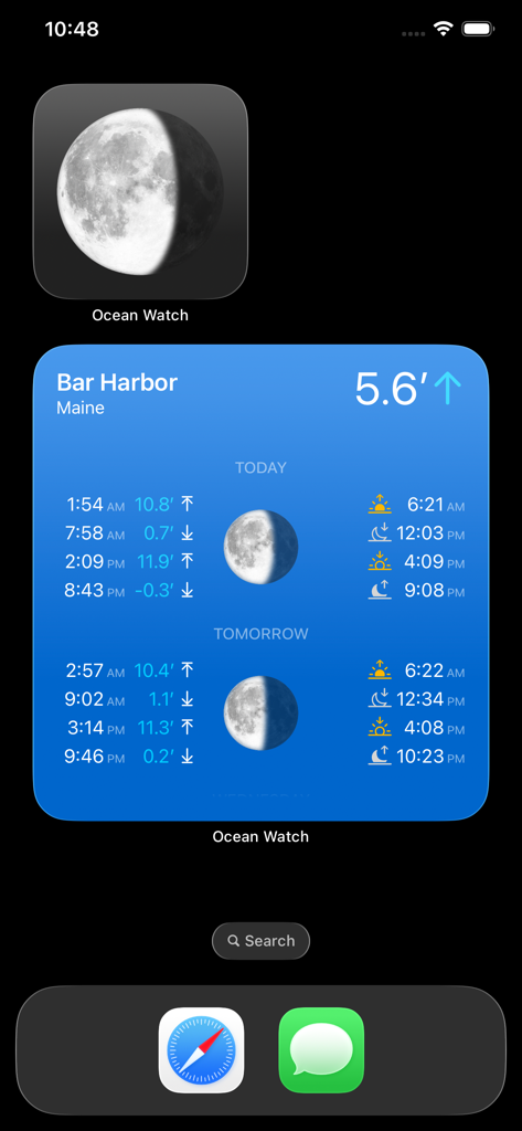 Ocean Watch - Ocean Watch iOS-Widget, das Gezeiten-Vorhersagen und Mondphasen für Bar Harbor Maine anzeigt