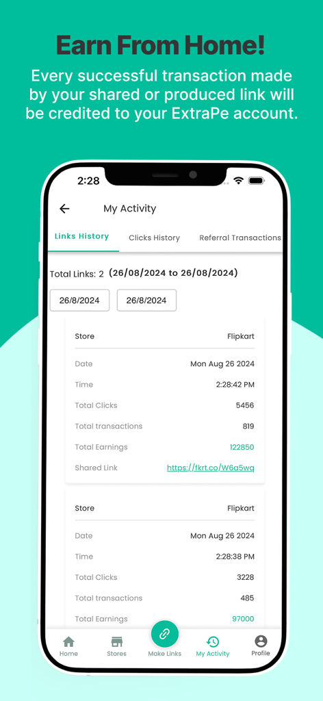 ExtraPe: Affiliate Marketing - ExtraPe mobile app dashboard displaying affiliate link activity and total earnings