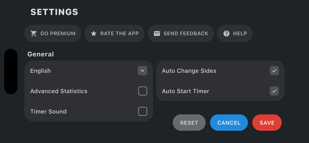 Padel scoreboard - Settings menu of the Padel scoreboard app showing customization options for match automation and statistics