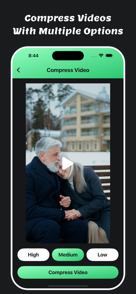 Mute Video : Remove Sounds - iPhone-App-Oberfläche zum Komprimieren von Videos mit Optionen für hohe, mittlere und niedrige Qualität